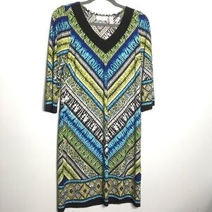 CHICOS 0 Small/ 4 Vibrant Multicolor Neon Green Lightweight Slinky Shift Dress